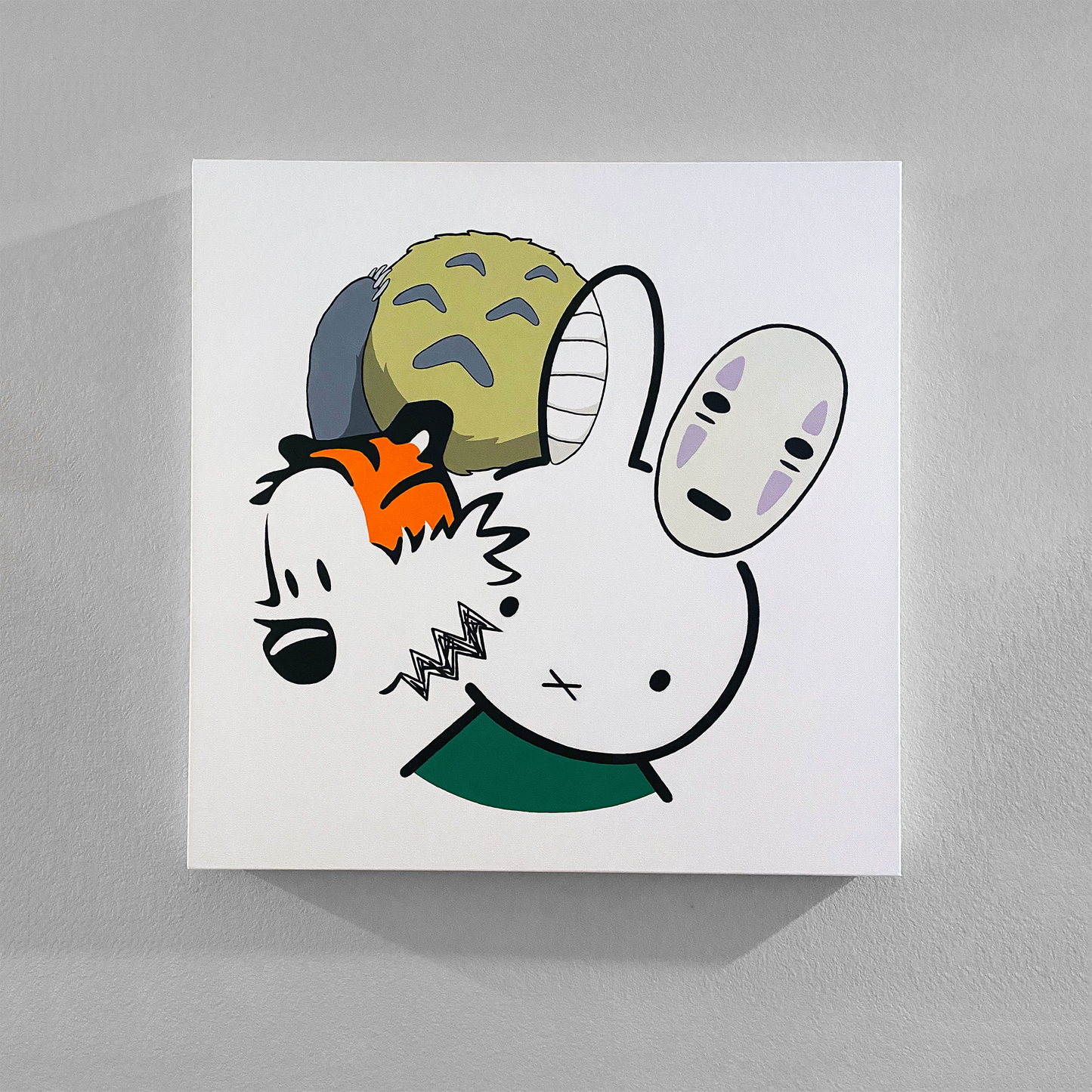 Commissioned square canvas painting with a white background featuring characters Miffy the bunny, Hobbes the tiger, No Face a forest spirit, and Totoro.