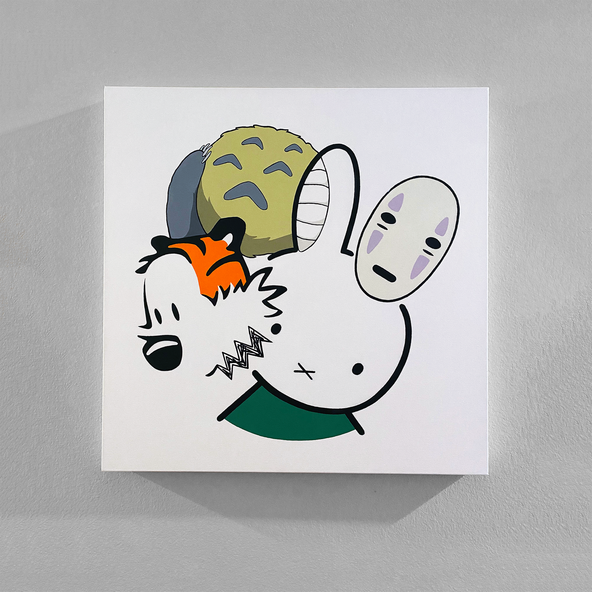 Commissioned square canvas painting with a white background featuring characters Miffy the bunny, Hobbes the tiger, No Face a forest spirit, and Totoro.