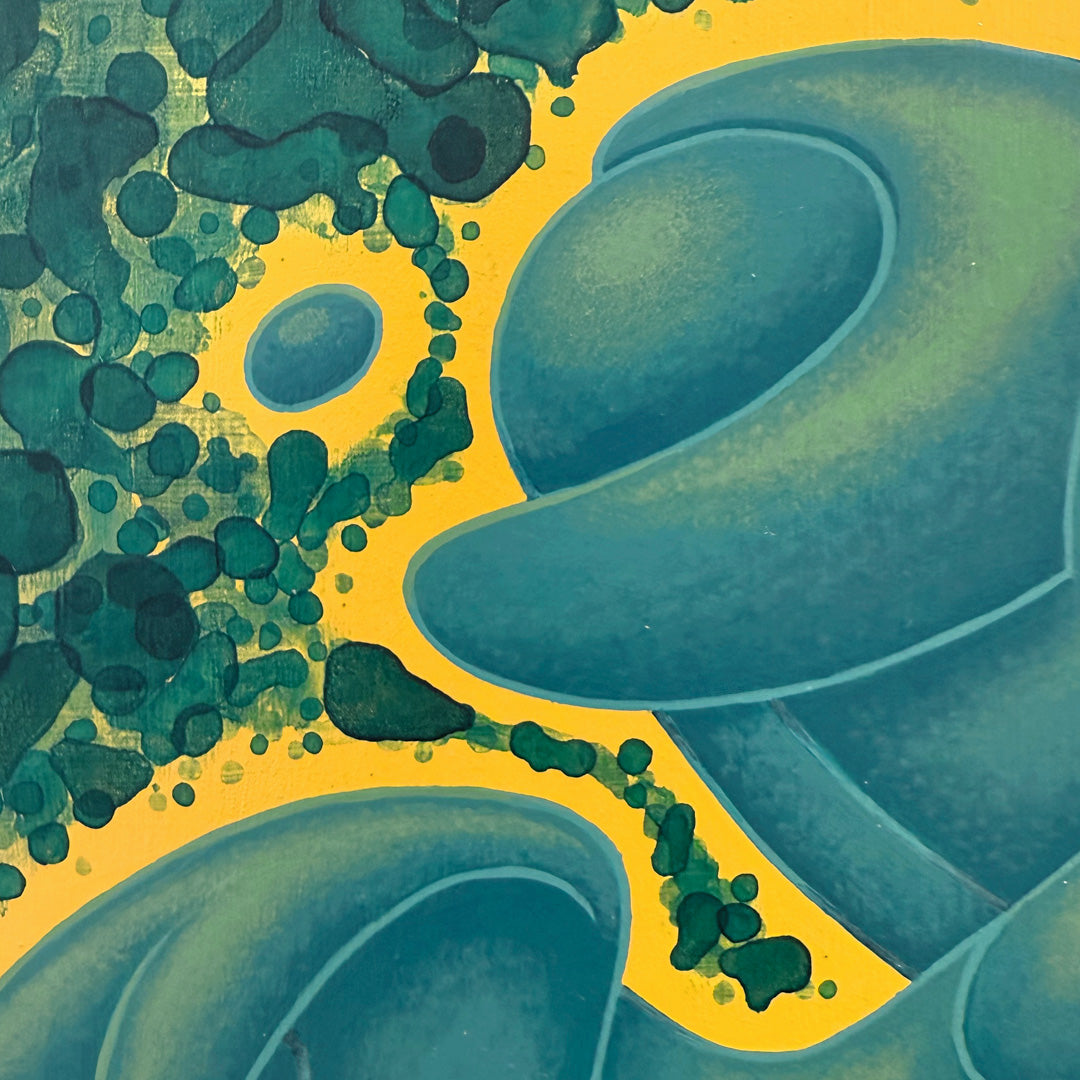 Abstract art with green and blue shapes on a yellow background