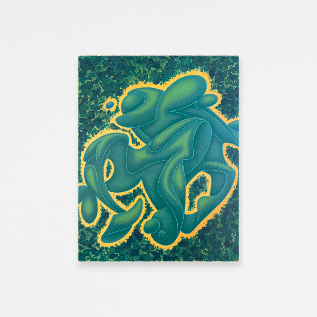 Abstract green and yellow painting on a textured green background hanging on a plain white wall