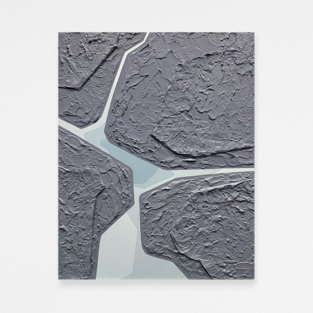 Textured gray stone and blue water abstract lagoon painting on a white background