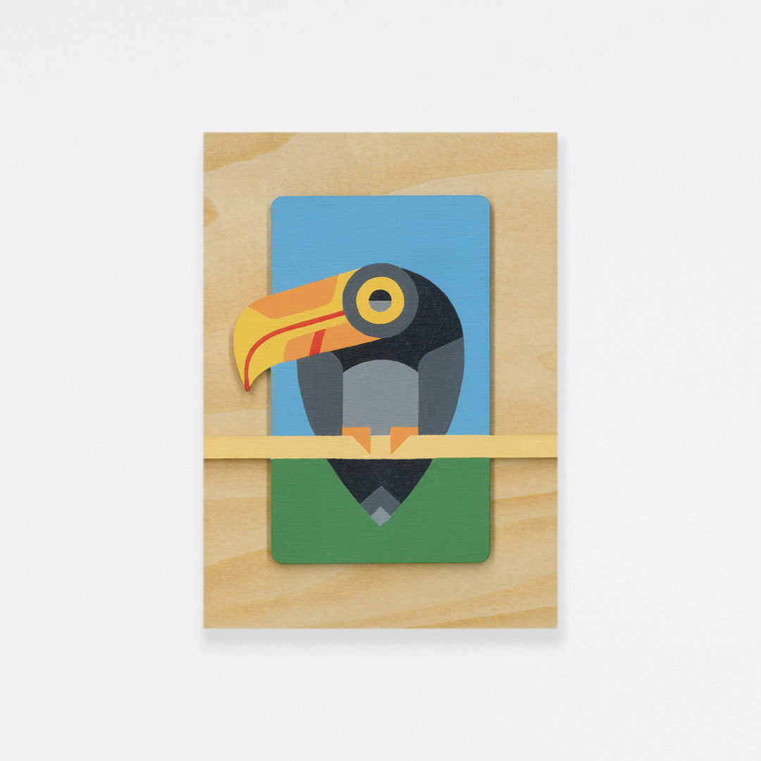 Wooden panel with a colorful, dimensional toucan painting featured against a white background