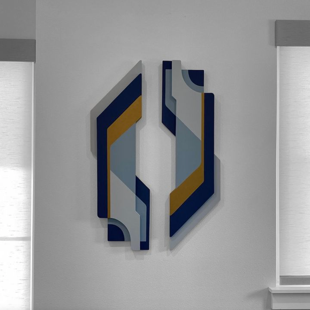 Modern geometric automotive inspired blue, grey, and gold painted wood asymmetrical wall art for a custom commission.