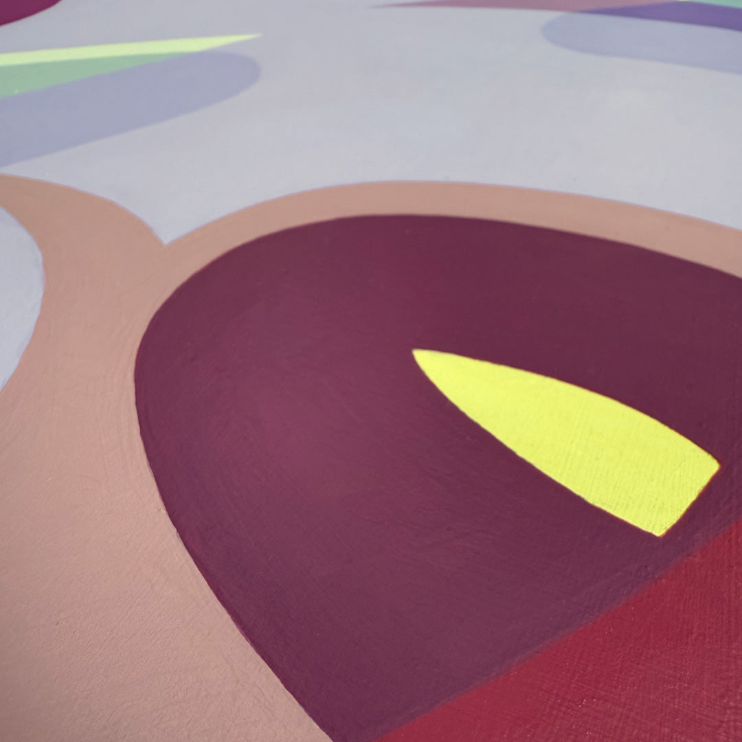 Close-up of a colorful abstract modern art pattern with purple, lime green, and cranberry red shapes.