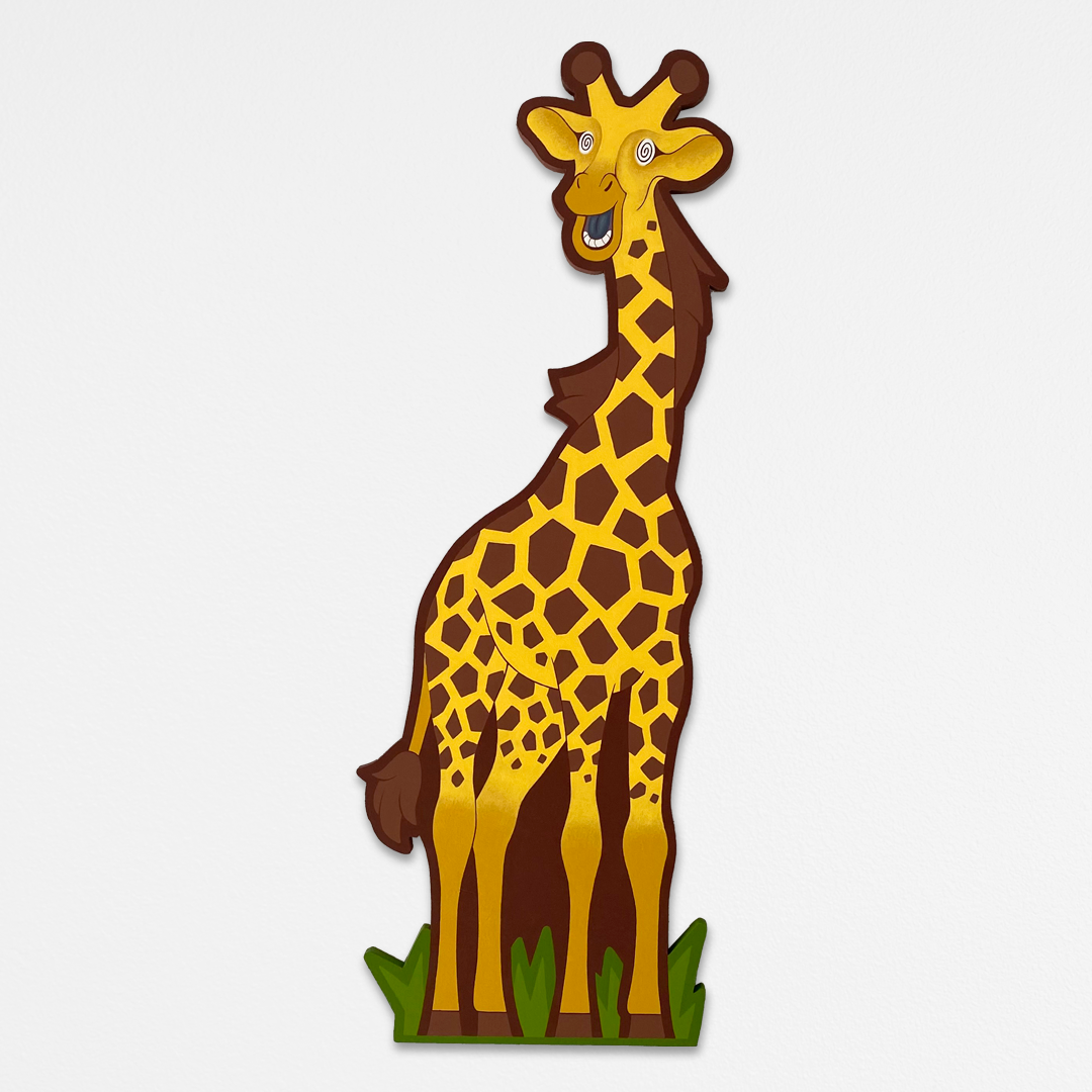 A silly cartoon giraffe cut out from a single layer of wood and hand painted in a super precise, colorful style with bright green grass at its feet.