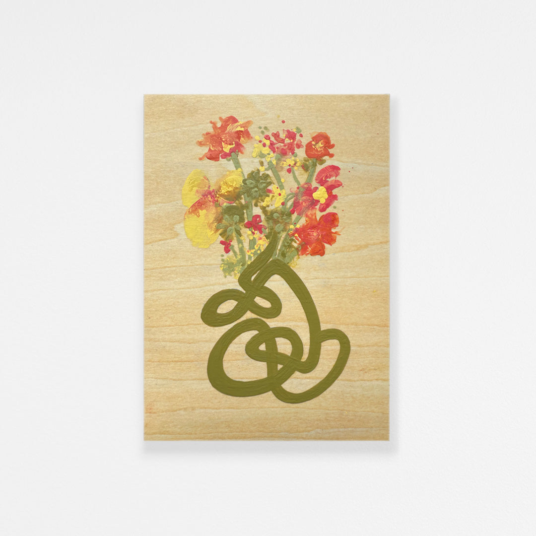 Acrylic on wood still life painting of yellow, orange, and coral colored flowers done in wet ink abstraction. A tangle of olive green lines form an abstract vase. Natural wood grain shows through vase and behind flowers.