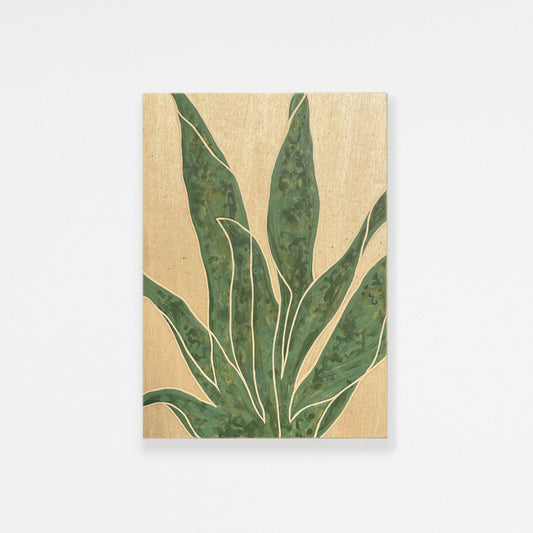 Abstract warm tone green agave succulent design painted on authentic wood.