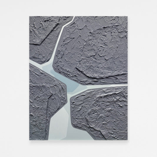 Textured gray stone and blue water abstract lagoon painting on a white background