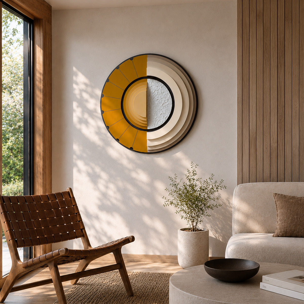 A round wall art piece with concentric rings in yellow, cream, and brown hangs on a beige wall in a modern sun room with a woven chair, sofa, and potted plant.