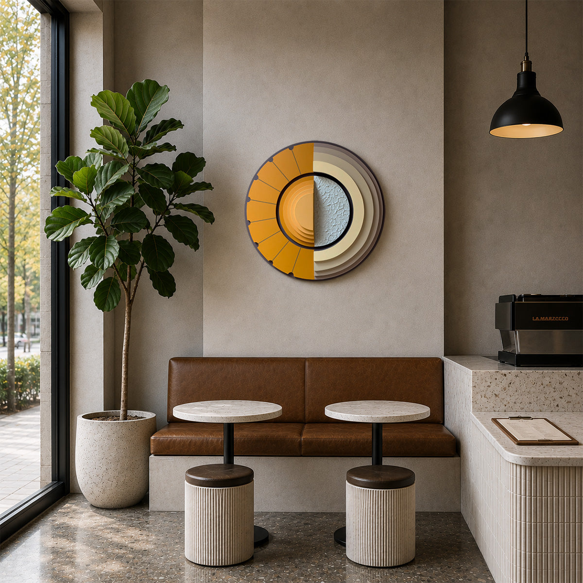 A modern interior scene with a brown leather bench, two small round tables with ribbed cream stools, a large potted fiddle-leaf fig, and a circular layered wood wall art with mustard yellow, and beige and brown layers mounted on a neutral wall.