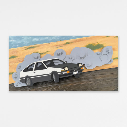 Handcrafted automotive wood wall sculpture with layered gray geometric smoke forms and a toyota AE86 drift car. Hanging on a white wall.