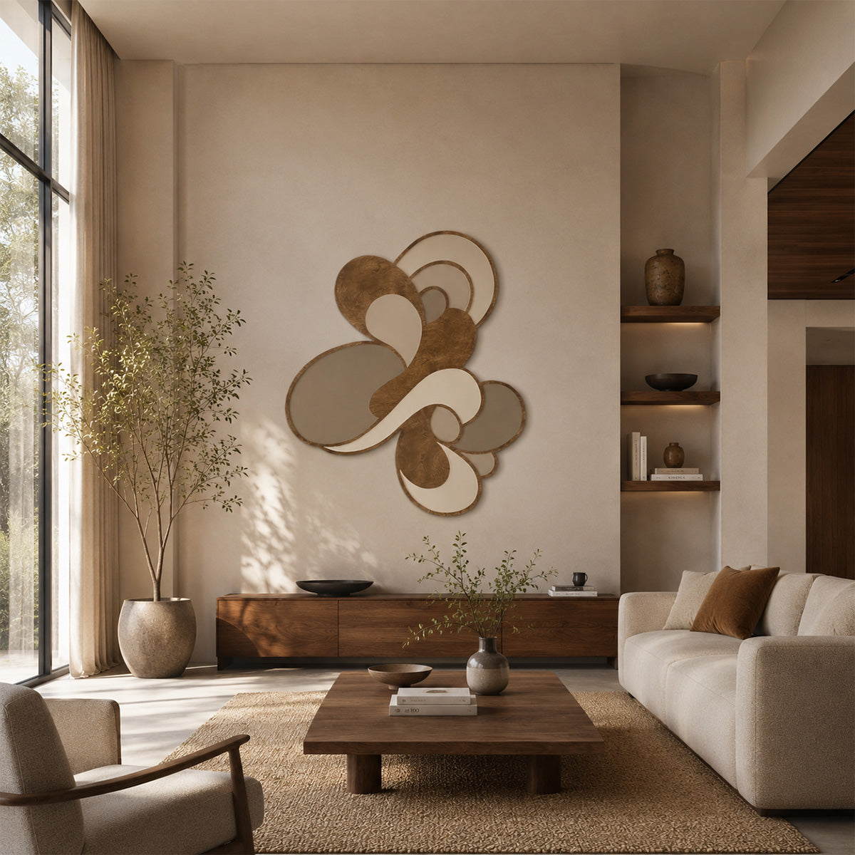 Abstract wood wall art with organic shapes in cream, beige, and taupe, displayed on a neutral wall in a modern, sunlit living room with a sofa, coffee table, and large potted plant.