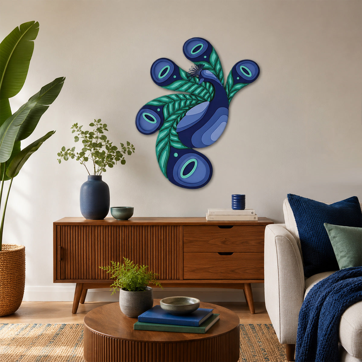 Colorful layered wood peacock wall art in blue and green, displayed above a mid-century wooden console in a bright, modern living room with plants and navy accents.