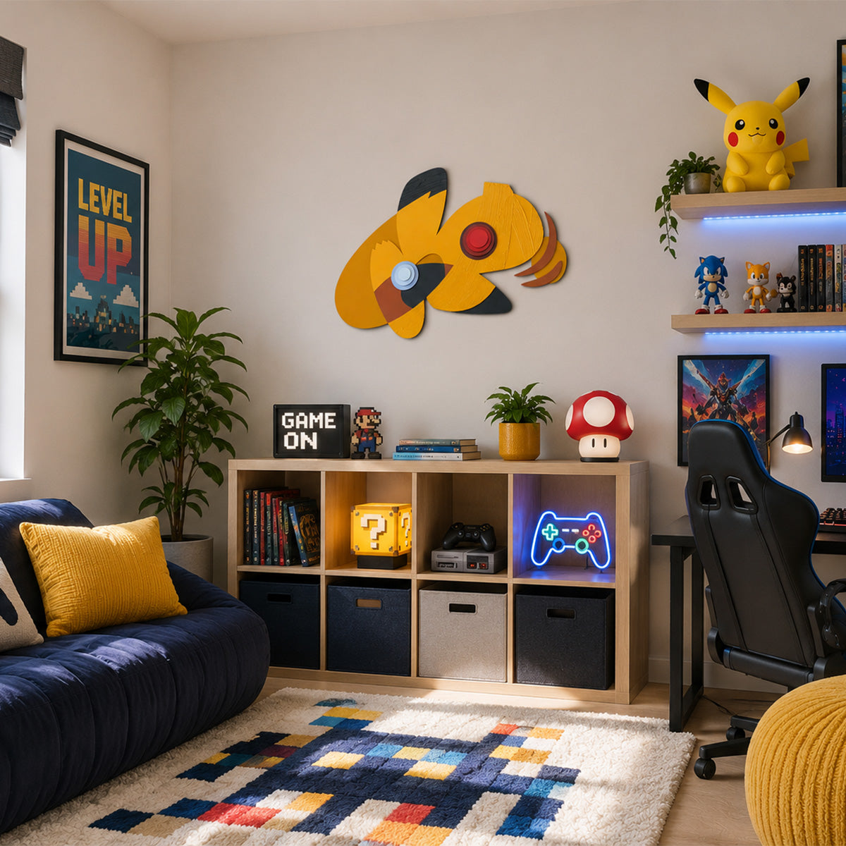 Bright modern gaming room featuring colorful yellow and red layered pikachu abstract wood wall art above a cube shelving unit, with a navy sofa, gaming desk, retro decor, and playful pop-culture accents.