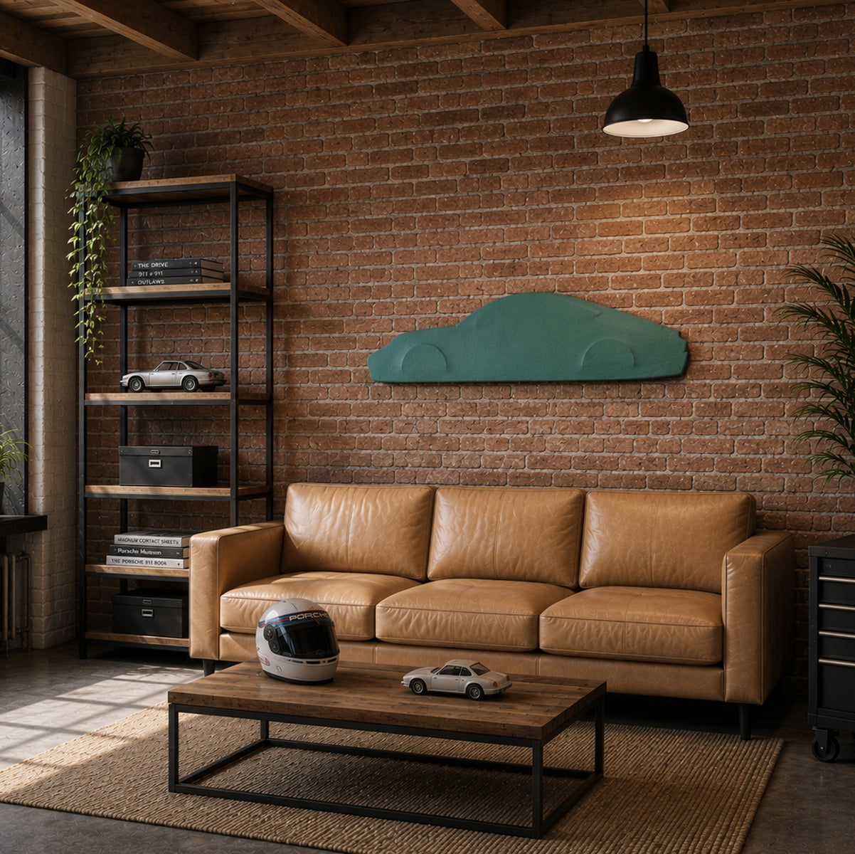 Minimalist Porsche-inspired car silhouette canvas displayed above a tan leather sofa in a bright industrial loft with exposed red brick walls, timber beams, black metal shelving, a racing helmet, and a model sports car.