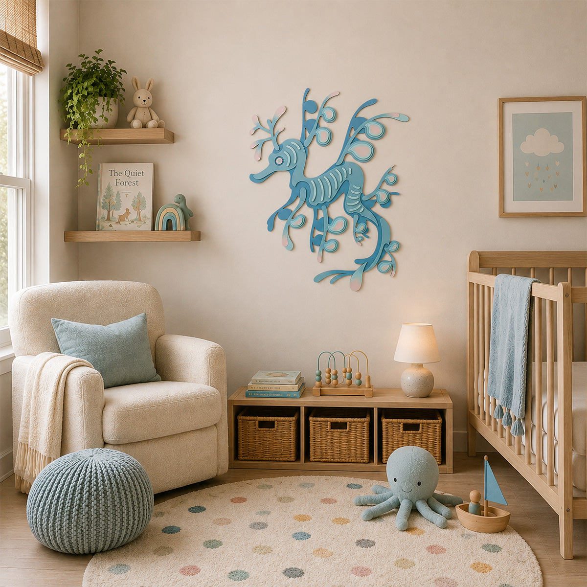 Light blue layered wood seahorse wall sculpture displayed in a soft Scandinavian nursery with natural wood furniture, pastel décor, a cozy reading chair, and whimsical ocean-inspired accents.