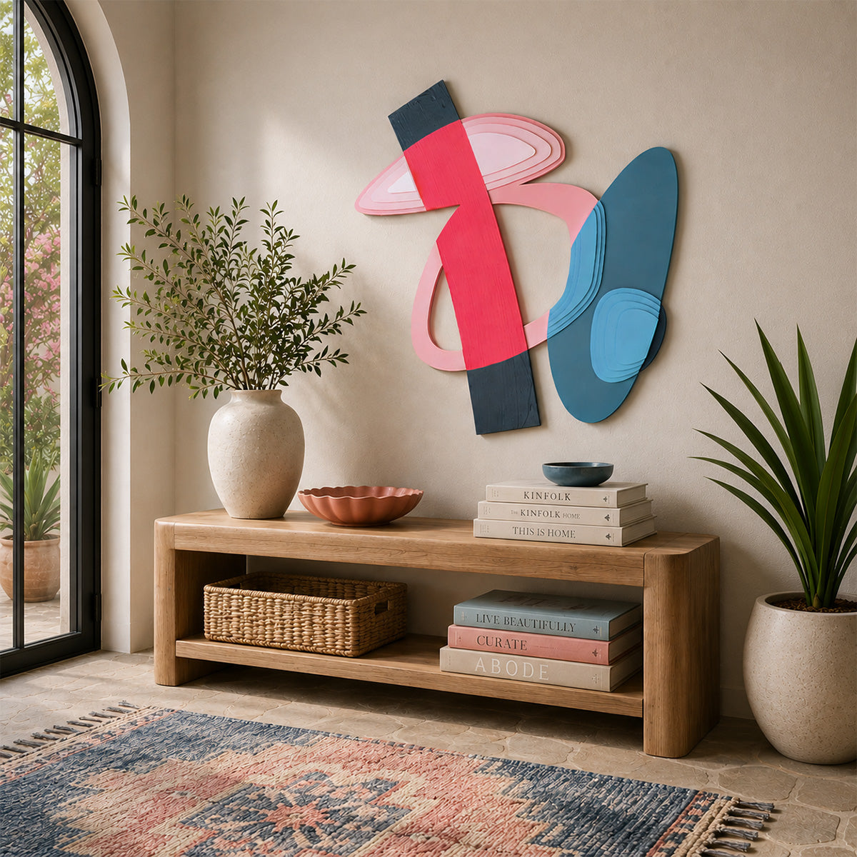 Abstract pink, fluorescent coral, and blue layered wood wall sculpture displayed above a natural wood console in a bright modern entryway with plants and a coordinating patterned rug.