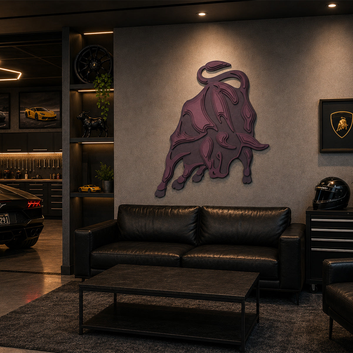 Modern luxury car condo garage lounge featuring a large layered wood bull wall sculpture above a black leather sofa, surrounded by sleek automotive décor, premium workshop details, and a high-end sports car in the adjacent garage.