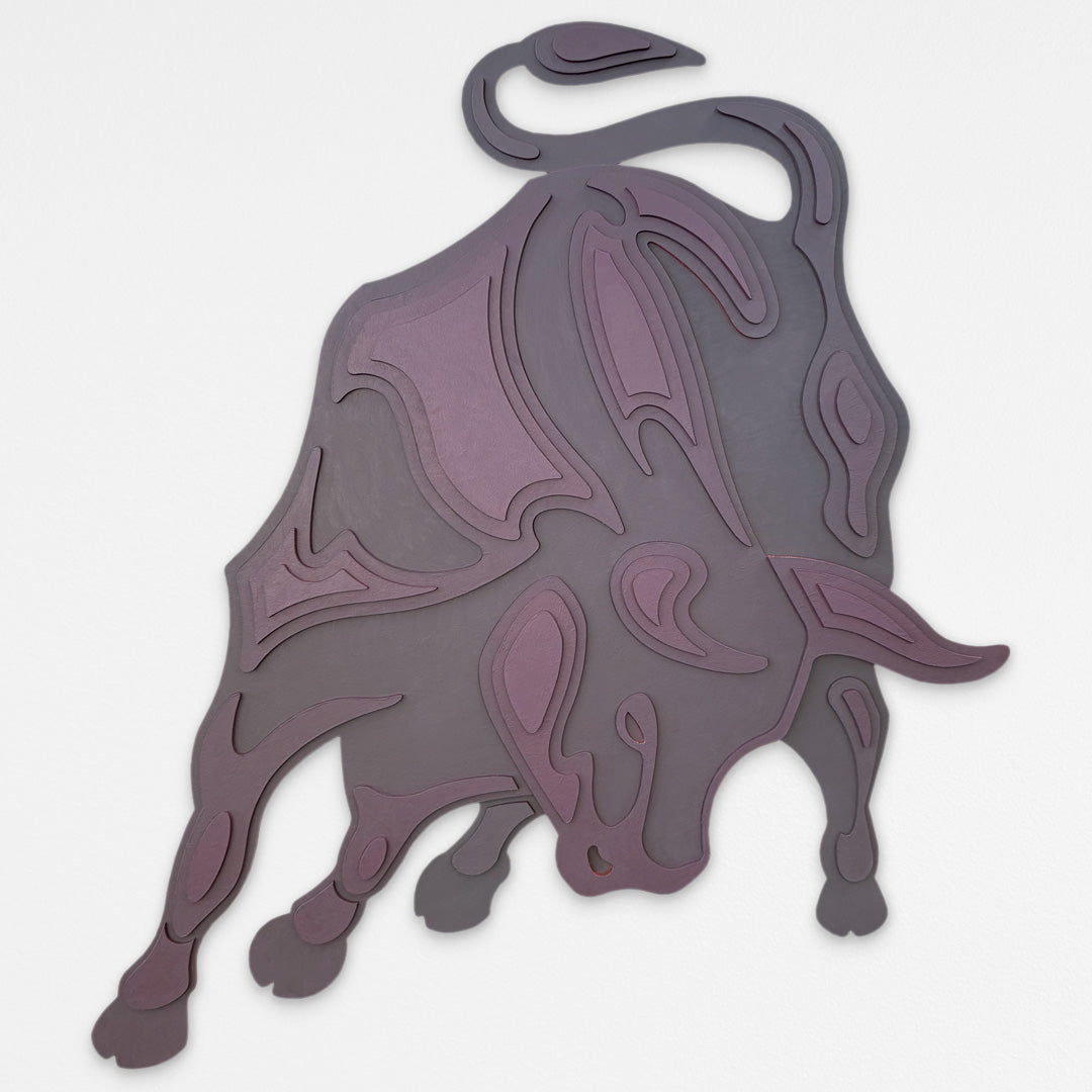 Handcrafted Lamborghini bull wood wall sculpture with layered deep purple geometric forms. Hanging on a white wall.