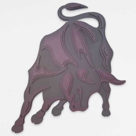 Handcrafted Lamborghini bull wood wall sculpture with layered deep purple geometric forms. Hanging on a white wall.