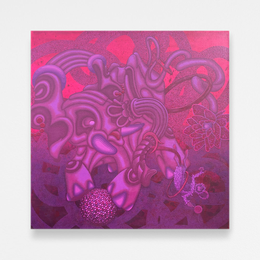 Original 24x24 acrylic painting on canvas featuring a finely detailed elephant in a bold, abstract composition. Rich purple and fuchsia tones blend with smooth gradient transitions and expressive brushwork, combining precise illustrative techniques with dynamic movement for a thought-provoking visual experience