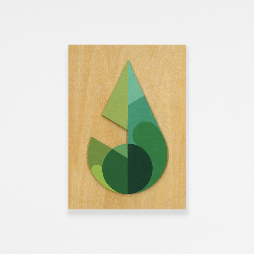 Geometric leaf art on a wooden panel with green cells.