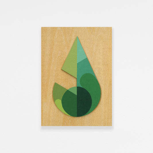 Geometric leaf art on a wooden panel with green cells.