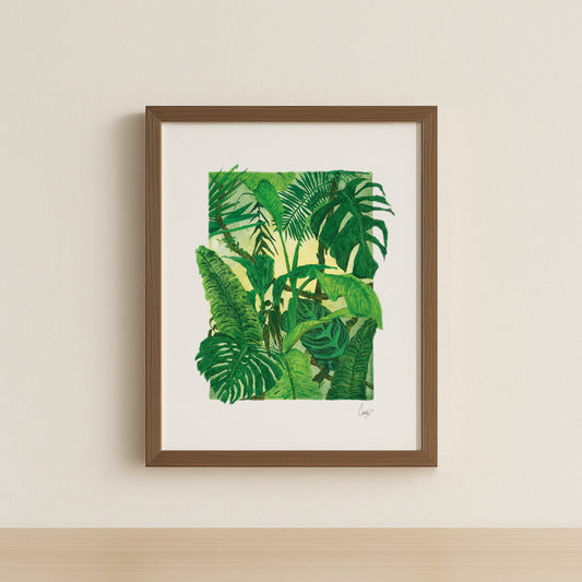 A lush tropical forest scene in a watercolor-style acrylic painting with layered green foliage shown in a simple walnut frame.