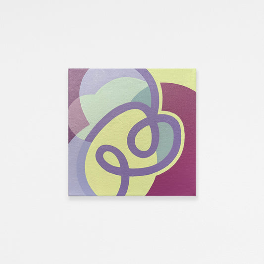 Square canvas acrylic painting with abstract nature pop art design in purple, green, and lime green.