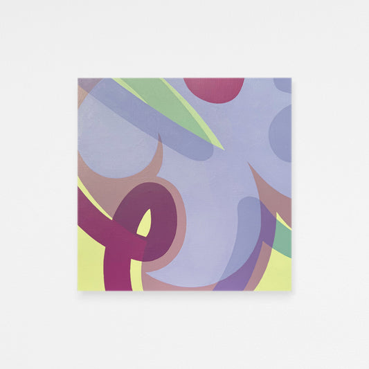 Square abstract acrylic botanical painting in a pop art cartoon style. Colorful overlaying blue and purple shapes on a lime green background in a modern clean style.