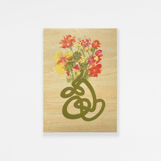 Acrylic on wood still life painting of yellow, orange, and coral colored flowers done in wet ink abstraction. A tangle of olive green lines form an abstract vase. Natural wood grain shows through vase and behind flowers.